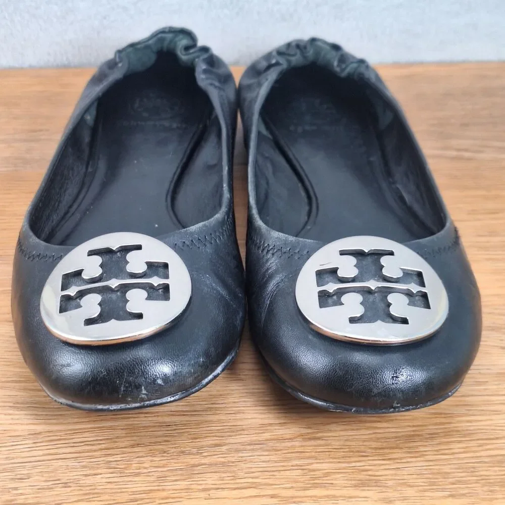 Tory Burch Minnie Travel Womens 7 Ballet Flats Black Leather Gold Logo Medallion